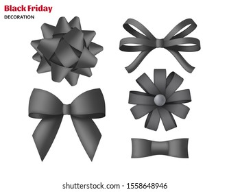 Collection of decorative black bows. Gift box wrapping and Black Friday decoration. Vector illustration