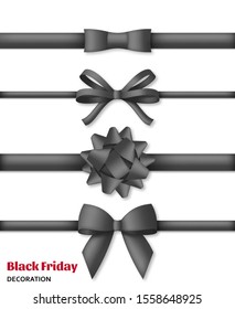 Collection of decorative black bows with horizontal dark ribbons. Black Friday decoration. Vector illustration