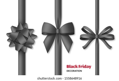 Collection of decorative black bows with vertical dark colored ribbons. Black Friday decoration. Vector illustration