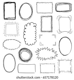 Collection of decorative black hand drawn frames on white background. Simple, grunge, sketch and doodle style. Use for scrapbooking, decoration, advertising, web, posters etc. Vector illustration
