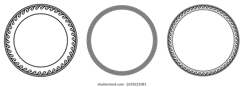 
Collection of decorative black round frames for design with Greek key, wave meander. Circle frame. Egyptian, Assyrian, Greek motif circular frame. Template for textiles, engraving, forging, embroider