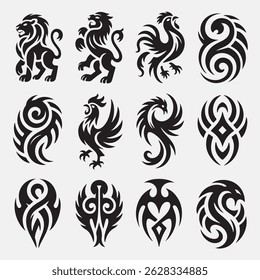 Collection of decorative black vector illustrations featuring animals and abstract tribal design elements