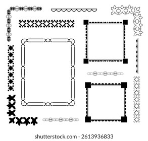 A collection of decorative black and white vector borders and frames with geometric, floral, and abstract patterns. Ideal for design, scrapbooking, or digital projects