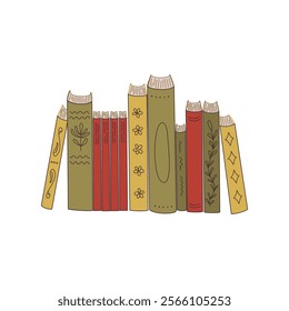 Collection of decorative books arranged on shelf with unique designs and vibrant colors. Literature for academic studies, home library. Doodle style book spines. Hand drawn vector illustration.