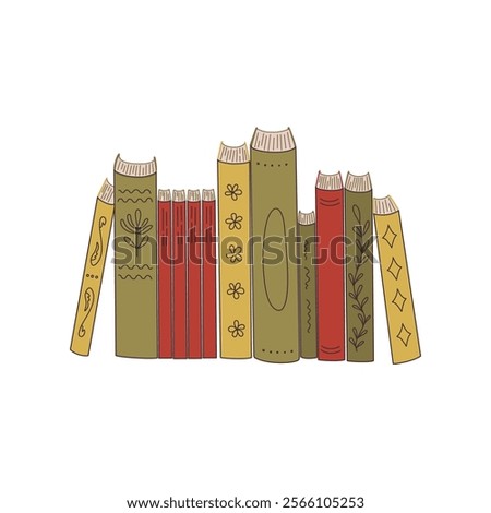 Collection of decorative books arranged on shelf with unique designs and vibrant colors. Literature for academic studies, home library. Doodle style book spines. Hand drawn vector illustration.