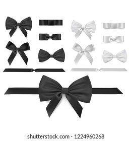 Collection of decorative bow with horizontal ribbon for gift decor. Realistic vector rose bow and ribbon isolated on white background. vector