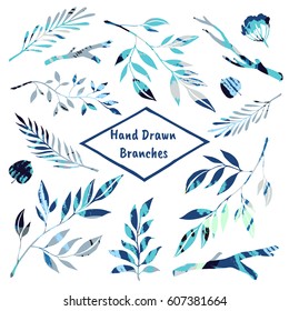 Collection of decorative branches with hand drawn textures made by ink. Vector.