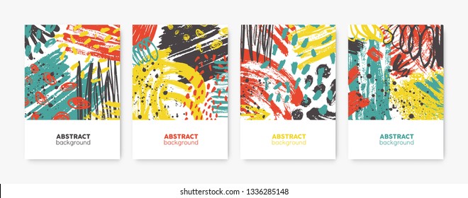 Collection of decorative card, flyer or poster templates with bright colored abstract stains, blots, brushstrokes, scribble, paint traces. Trendy vector illustration in contemporary art style.