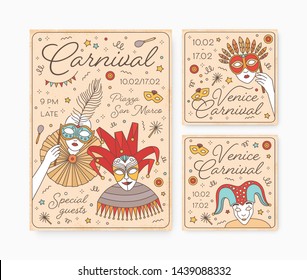 Collection of decorative card, party invitation, flyer or poster templates with Venetian masks for carnival, Mardi Gras celebration or masquerade ball. Modern vector illustration in line art style.