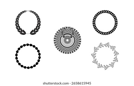 Collection of Decorative Circular Frame Designs – Abstract and Floral Laurel Wreaths and Optical Illusion Patterns in Black and White for Badges, Emblems, and Logo Elements

