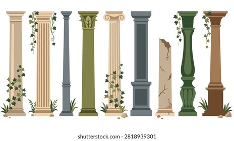 Collection of decorative classical architectural columns made of marble or stone including ornate fluted pillars some wrapped in ivy leaves for grand design.