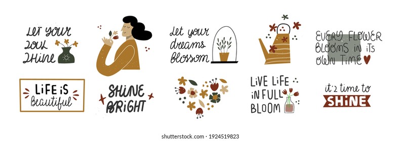 Collection of decorative clip art with quotes. Self love, self care, self support, mental health, compassion, feminism, girls power concept. Isolated on white. Vector cartoon illustration.