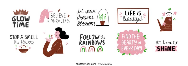 Collection of decorative clip art with quotes. Self love, self care, self support, mental health, compassion, feminism, girls power concept. Isolated on white. Vector cartoon illustration.