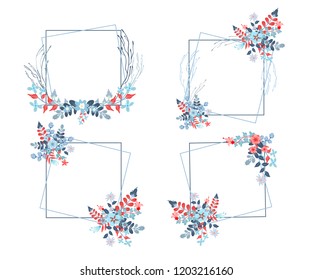 Collection of decorative colored frames, wreaths, flowers isolated on a white background. Vector clipart, greeting card design, floral bouquet