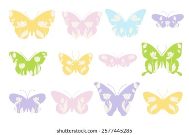 Collection of decorative, colorful winged insects butterflies with spring tulip flower patterns. Vector graphics.