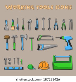 A collection of decorative construction or carpenter tool icons set on beige background vector illustration