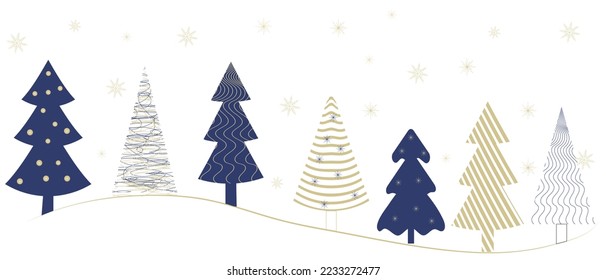 Colección de decorativos árboles de Navidad azul creativo con copos de nieve dorados de varios diseños. Antecedentes de Navidad de Año Nuevo festivo, saludos