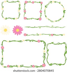 A collection of decorative Daisy floral frames and elements, featuring green vines and small pink and white flowers, perfect for invitations or spring-themed designs