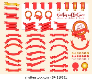 Collection of decorative design elements - ribbons, stickers, labels, frames. Vector illustrations of gift and accessory