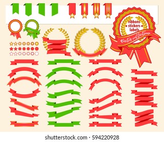 Collection of decorative design elements - ribbons, stickers, labels, frames. Vector illustrations of gift and accessory
