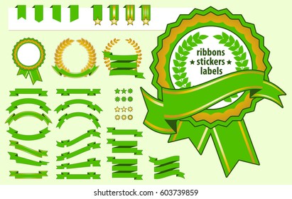 Collection of decorative design elements - ribbons, stickers, labels, frames. Vector illustrations of gift and accessory