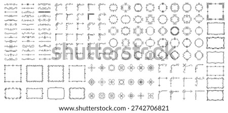 Collection of decorative divider and frame design elements, including ornate borders, circular and rectangular frames, floral vines, scrolling motifs, and corner embellishments on white. Vector illustration