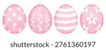 Collection of decorative Easter eggs with various hand-drawn white patterns including flowers, polka dots, stripes, and hearts. Vibrant pastel watercolor-style egg set isolated on white background, ideal for spring holiday greeting cards, festive banners, and seasonal graphic design projects.