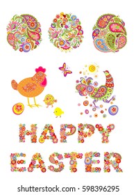 Collection of decorative easter floral eggs and funny hen