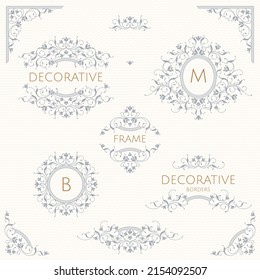 Colección de monogramas decorativos elegantes, bordes, marcos, esquinas. El adorno floral clásico. Páginas de diseño gráfico, cartel de negocios, boutiques, cafés, hoteles.