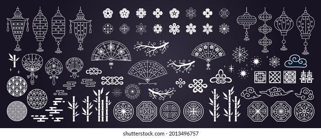 Collection of decorative elements in asian style with fan, lantern, paw prints, clouds, lanterns, flowers, tree branch, fireworks. Hand drawn vector oriental elements.