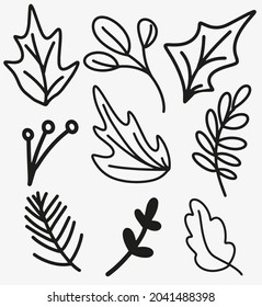 A collection of decorative elements for Christmas design, a New Year's set of fir branches, berries and mistletoe leaves. Holiday gift packaging, fabric print, postcards. Vector in the doodle style
