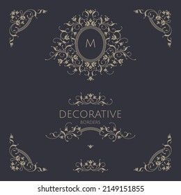 A collection of decorative elements containing a floral border, monogram frames and corners.