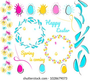 Collection of decorative elements for decoration. Wreaths, flowers, leaves, eggs, ribbons for Spring and Easter. Bright objects isolated on a white background.