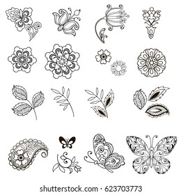 Collection of decorative elements of flowers, leaves and butterflies for design. Vector illustration.