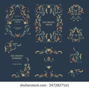 Collection of decorative elements. Frames, corners and borders. Graphic design page.