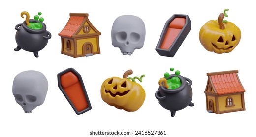 Colección con elementos decorativos para Halloween. Poción verde hirviendo en una cuba, casa de fantasía, basura humana, linterna de calabaza anaranjada y ataúd. Ilustración vectorial en estilo 3d