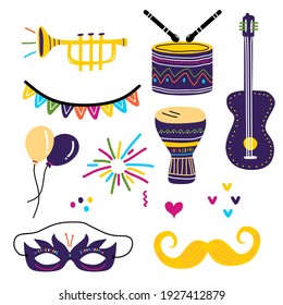 Collection of decorative elements for holiday. Cute childish props for little child. Set of colorful party icons : balloon, guitar, trumpet, drum, mask and mustache toy. Festive carnival concept