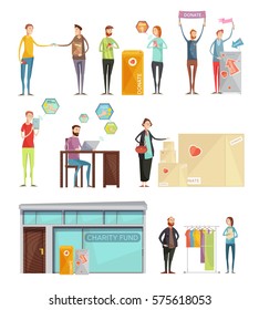 Collection of decorative elements on theme of charity with volunteers collecting funds to help poor people  flat vector Illustration