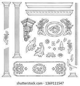 Collection Of Decorative Elements Of Stucco. Illustration Of Stucco Decoration, Cartouche. Vector Vintage Menu Design Elements. Hand-drawn. Cliparts
