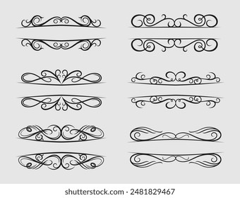 collection of decorative elements of swirl borders and dividers isolated on white