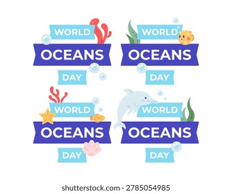 A collection of decorative elements for World Oceans Day. World Oceans Day greetings with fish and coral reefs. Cute sea animals, pufferfish, dolphins, and shells. Symbols, icons, clip art, stickers, flat style. White background
