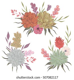 Collection decorative floral design elements for wedding invitations and birthday cards. Succulents, flowers and leaves. Isolated elements. Vintage hand drawn vector illustration in watercolor style.