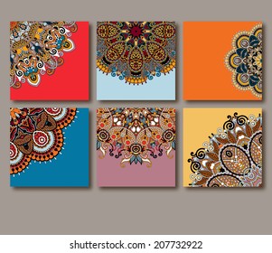collection of decorative floral greeting cards in vintage style, ethnic pattern, vector illustration