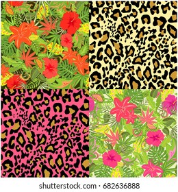 Collection of decorative floral seamless background with exotic flowers, tropical leaves, animal print for fabric, textile, wrapping paper, wallpaper, web design