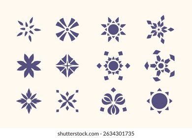 Collection of decorative floral shapes isolated on a white background. This set includes a variety of geometric floral designs, perfect for adding an elegant touch to any project