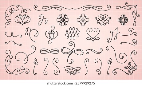 Collection of decorative flourishes and swirls on a pink background. Elegant swirls and flourishes perfect for design embellishments and decorative accents. Hand drawn ornament vector set.