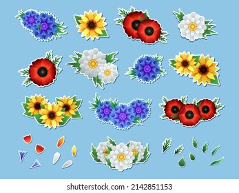 Collection of decorative flower heads in clip art style . Stickers with poppies, cornflowers, chamomiles, sunflowers with white border isolated on soft blue background. 