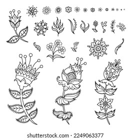 Collection of decorative flowers and plant elements in folk style isolated on white background. Can be used for frames, patterns, coloring.