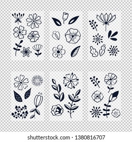 Collection of decorative flowers. Set of flat stylized flowers, leaves and branches. Vector isolated illustration. For greeting cards, wrapping paper, textile, wallpapers