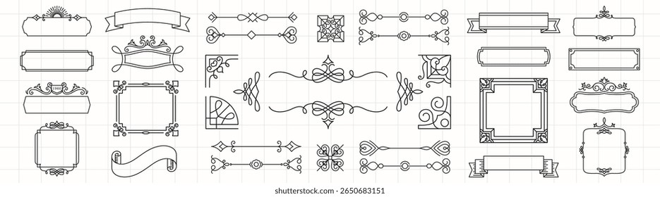 Collection of decorative frames and borders. Elegant frames, intricate borders, and ornate designs. Perfect for invitations, cards, and decorative projects. Ornamental vector set.